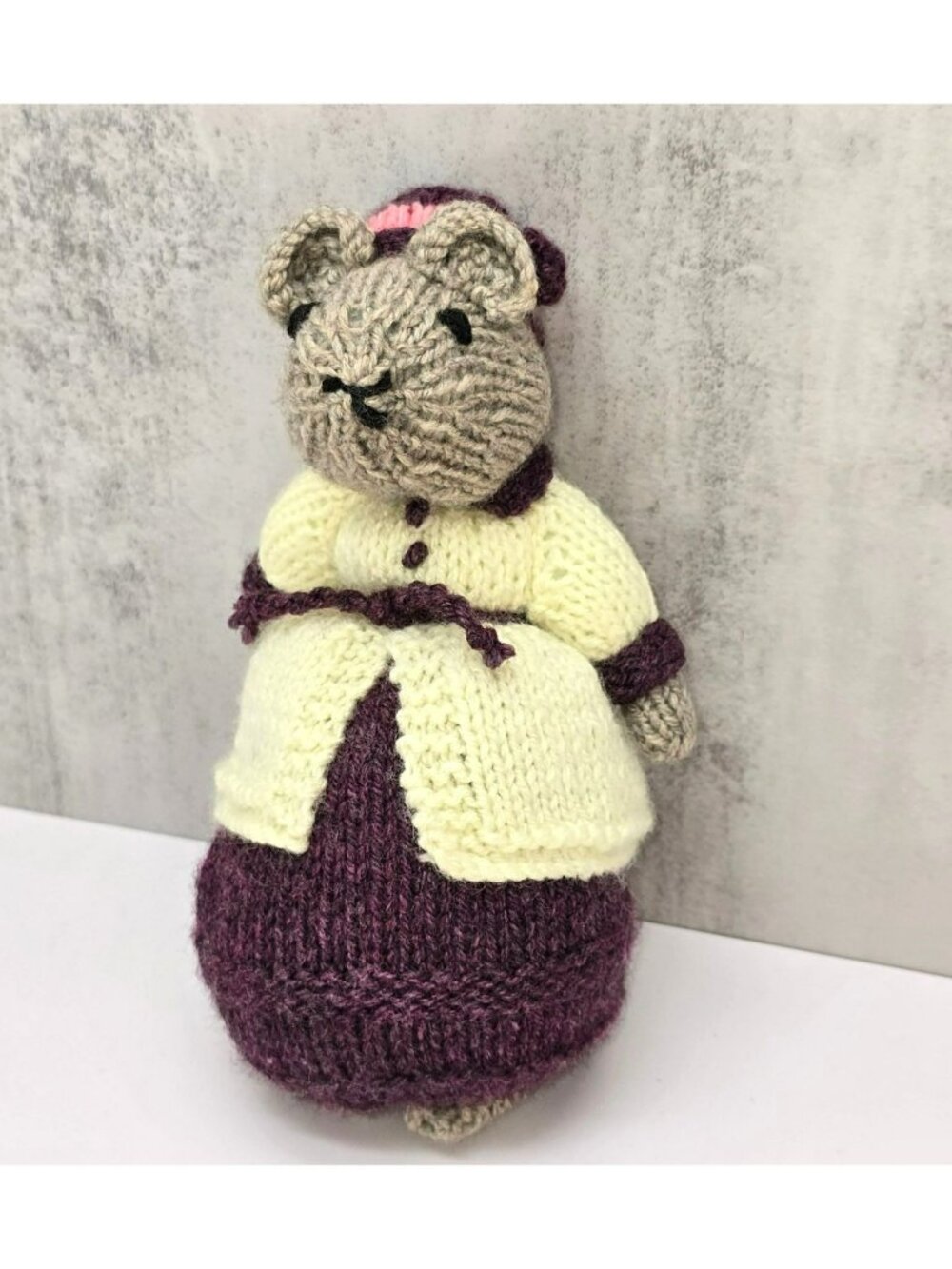 Handmade Knitted Mouse Stuffed Toy Figurine In Yellow & Purple Outfit VL5190